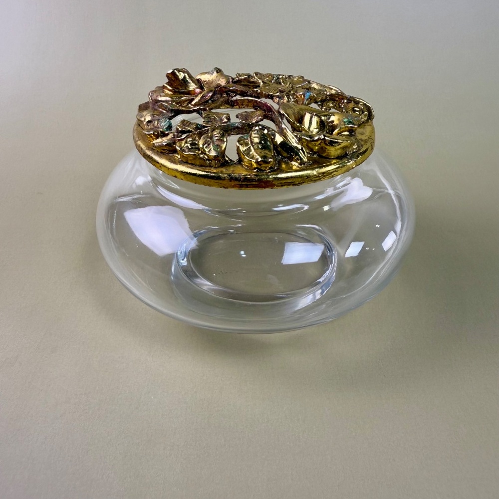 Vintage Glass Trinket Dish with Ornate Brass Rose Lid | Hollywood Regency Style - Picture 7 of 13